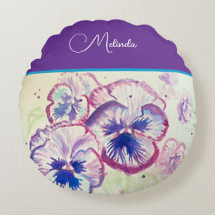 Coussins Ronds Joli Pastel Floral de Pensée Violet Aquarelle