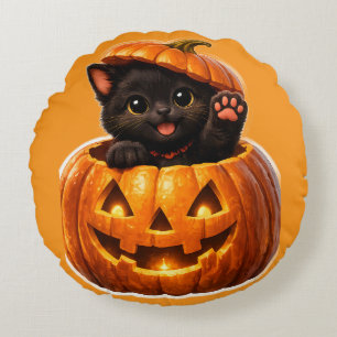 Coussins Ronds Joli petit chat noir et citrouille-lanterne effray