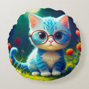 Coussins Ronds Joli petit chaton bleu portant des lunettes-47567