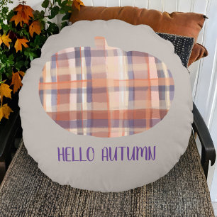 Coussins Ronds Joli plaid citrouille automne script tartan gris o