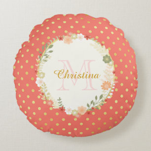 Coussins Ronds Joli Poeach Polka Dot Nom floral et Monogramme
