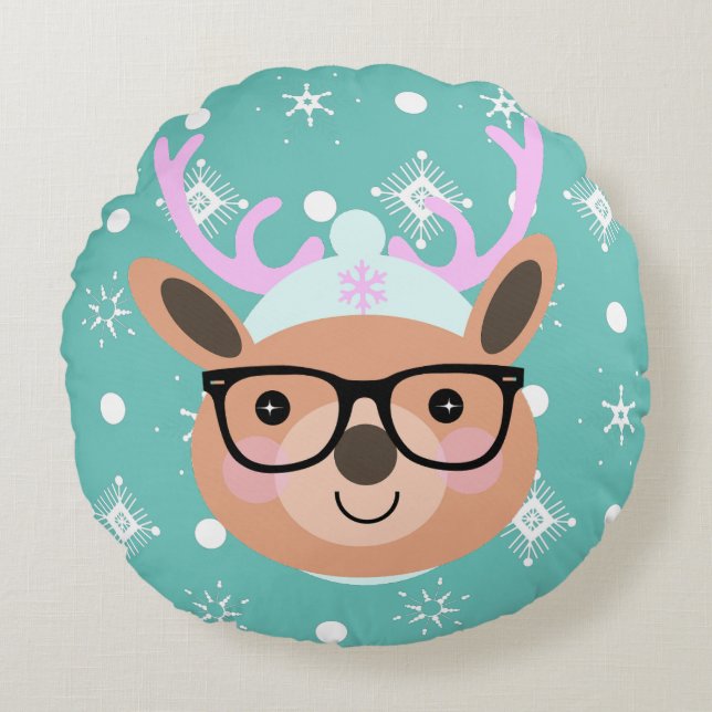 Coussins Ronds Joli Reindeer Noël Casquette Écharpe lunettes (Devant)