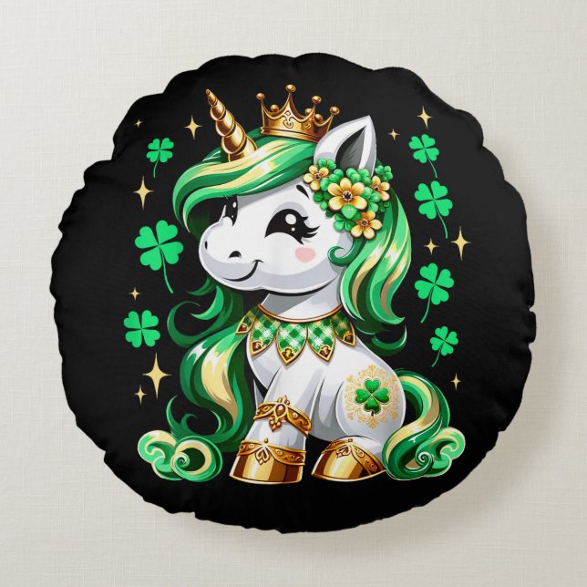 Coussins Ronds Joli Shamrock Licorne St Patrick (Devant)