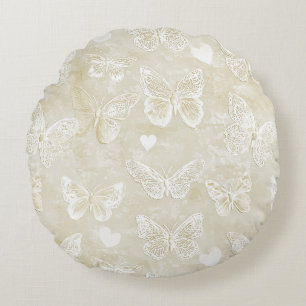 Coussins Ronds Jolie Crème Romantique Papillons Cœurs Ivoire