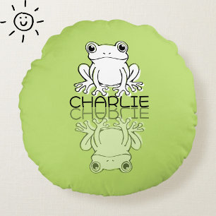 Coussins Ronds Jolie Grenouille Verte Doodle Réflexion Nom Person