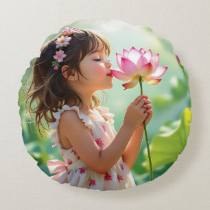 Coussins Ronds Jolie petite fille sentant une fleur