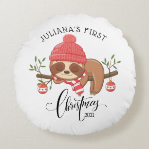 Coussins Ronds Jolie Sloth Sleepy Baby's First Christmas