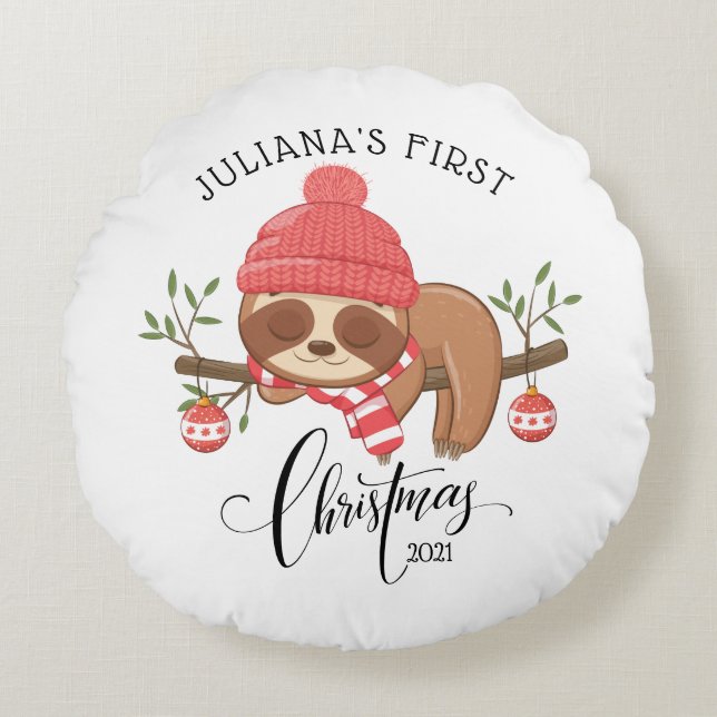 Coussins Ronds Jolie Sloth Sleepy Baby's First Christmas (Devant)