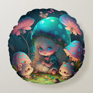 Coussins Ronds Jolies elfes mignonnes jouent sous les champignons