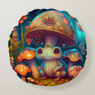 Coussins Ronds Jolies elfes mignonnes jouent sous les champignons