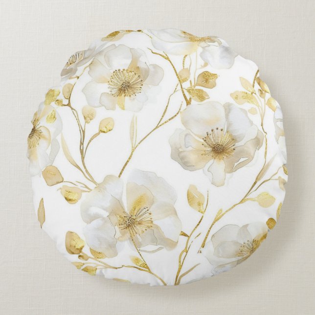 Coussins Ronds Jolies Fleurs Blanches Dorées  (Devant)