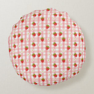 Coussins Ronds Jolies fraises et fleurs sur un vichy rose
