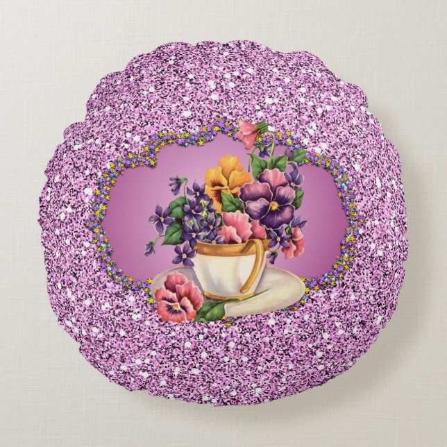 Coussins Ronds Jolies Pansies dans Teacup Lavender Faux Parties s (Devant)