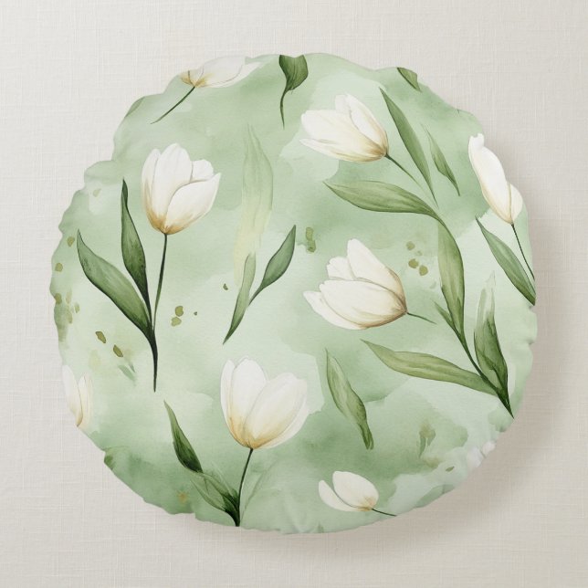 Coussins Ronds Jolies Tulipes Blanches Vertes Oiseaux (Devant)