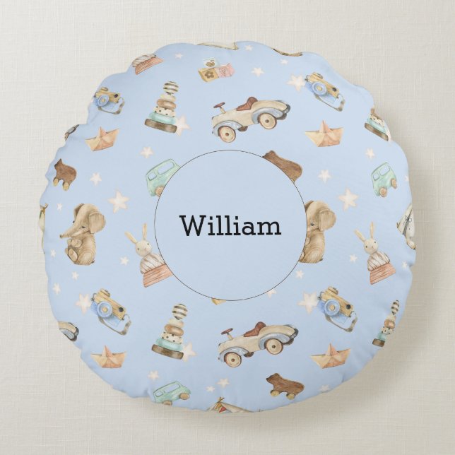 Coussins Ronds Jouets vintages Baby Boy Nursery Blue (Devant)
