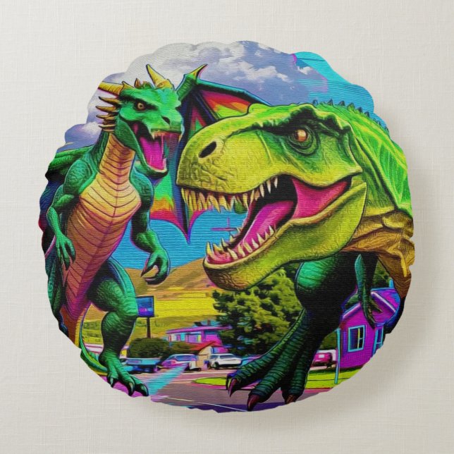 Coussins Ronds Jouons - Dragon Vert et Dinosaure (Devant)