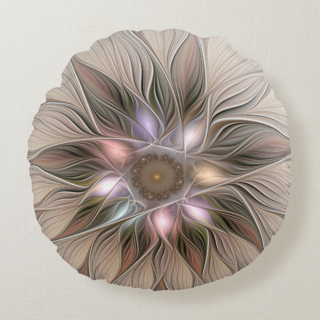 Coussins Ronds Joyeuse Fleur Abstrait Beige Brown Floral Fractal (Devant)