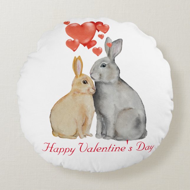 Coussins Ronds Joyeuse Saint-Valentin aquarelle lapins (Devant)