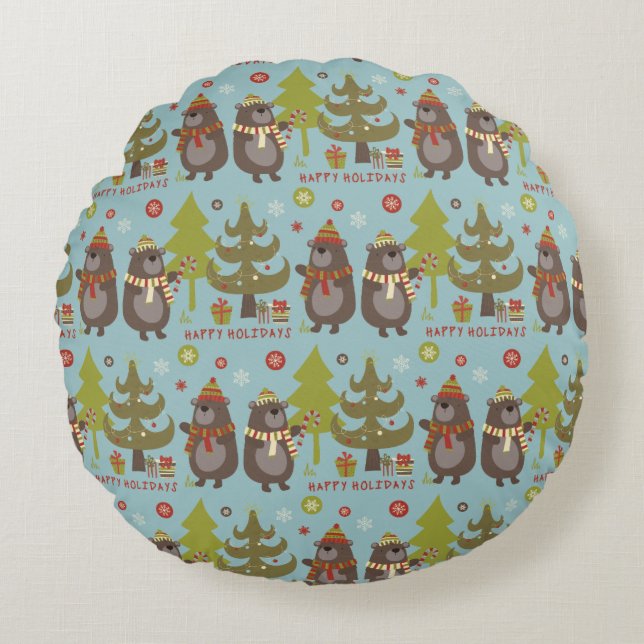 Coussins Ronds Joyeuses fêtes Drôle Ours de Noël (Devant)