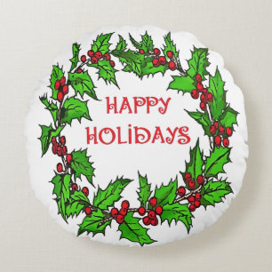 Coussins Ronds Joyeuses fêtes Noël Holly Wreath