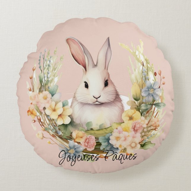 Coussins Ronds Joyeuses Pâques Lapin De Pâques Dans Une Couronne  (Devant)