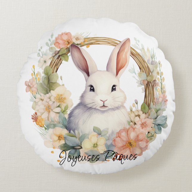Coussins Ronds Joyeuses Pâques Lapin De Pâques Dans Une Couronne  (Devant)