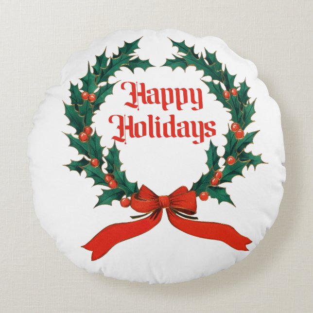 Coussins Ronds Joyeuses vacances Vintage Holly Noël Wreath (Devant)