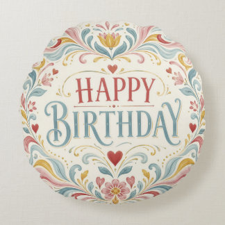 Coussins Ronds Joyeux Anniversaire Art Populaire Scandinave Tourb