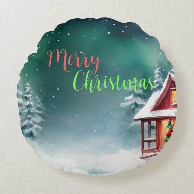 Coussins Ronds Joyeux Aquarelle sauvage Xmas Pine tree Fête (Devant)