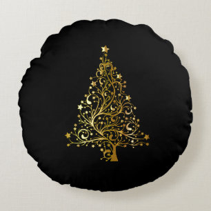 Coussins Ronds Joyeux Arbre de Noël Etoiles Noir Or brillant Chic