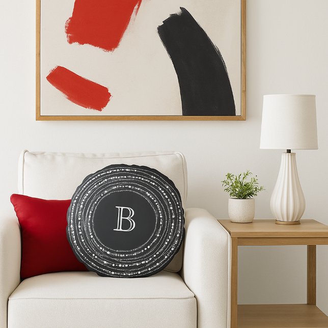 Coussins Ronds Joyeux Et Lumineux Étincelles Monogrammes Vacances (Merry & Bright Sparkling Lights With Family Monogram Christmas Round Pillow - Holiday Home Decor)