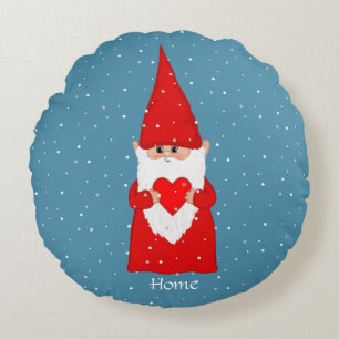 Coussins Ronds Joyeux Gnome & Coeur sur Sapphire Blue