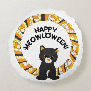 Coussins Ronds Joyeux Meowloween Chat noir Halloween Corn bonbon