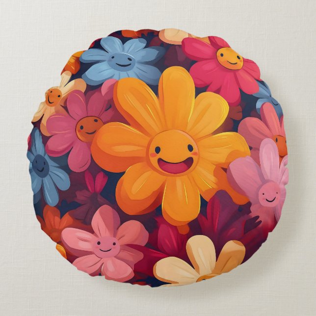 Coussins Ronds Joyeux Motif de fleurs colorées (Devant)