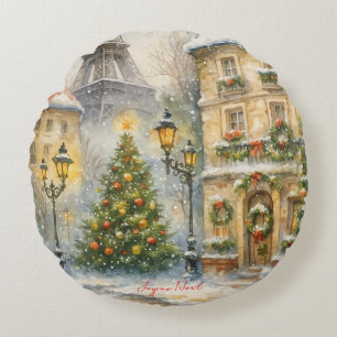 Coussins Ronds Joyeux Noël à Paris Aquarelle Tour Eiffel