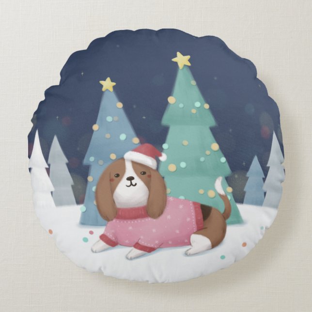 Coussins Ronds Joyeux Noël : Art d'Illustration Beagle (Devant)