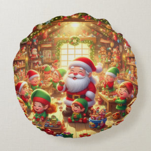 Coussins Ronds Joyeux Noël du Père Noël et de ses Elfes