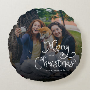 Coussins Ronds Joyeux Noël Écriture Fantaisiste Photo de Famille 