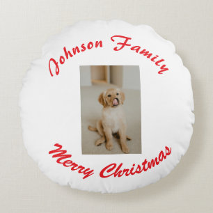 Coussins Ronds joyeux noël nom de famille rouge photo animal fami