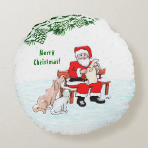 Coussins Ronds Joyeux Noël! Père Noël avec chat et chien