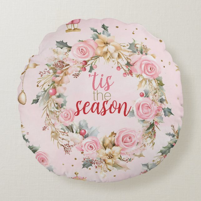 Coussins Ronds Joyeux Noël rose Vacances Beaux Wreath Custom (Devant)