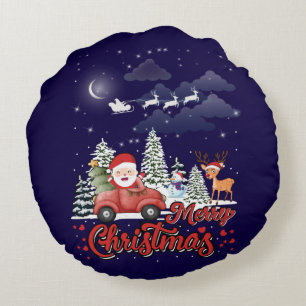 Coussins Ronds Joyeux Noël Vintage Red Père Noël Truck Cadeaux