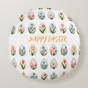 Coussins Ronds Joyeux OEufs floraux d'aquarelle de Pâques