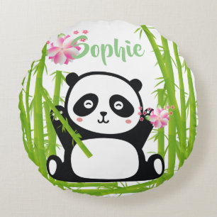 Coussins Ronds Joyeux Panda avec bambou et fleurs de cerisiers