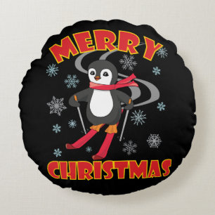 Coussins Ronds Joyeux pingouin de ski de Noël