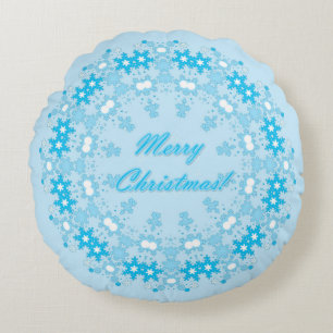 Coussins Ronds Joyeux texte de Noël cadre rond flocon bleu wh