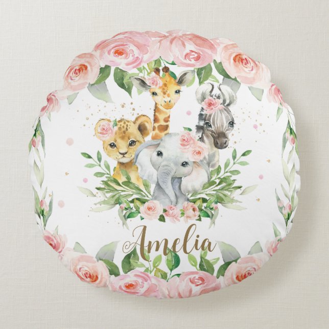Coussins Ronds Jungle Animal Safari rose Floral Girl Salle de soi (Devant)