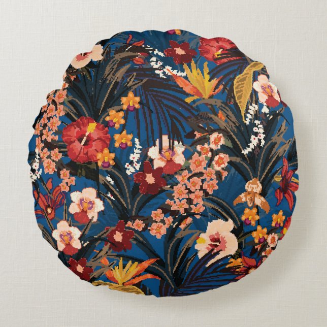 Coussins Ronds Jungle Chic : Bleu foncé Exotique. (Devant)