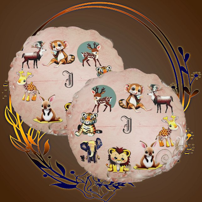 Coussins Ronds Jungle Safari Animal Kingdom Woodland Monogramme e (Jungle Safari Animal Kingdom Woodland Monogram Kid Round Pillow)
