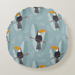 Coussins Ronds Jungle toucan, arrière - plan bleu transparent.
